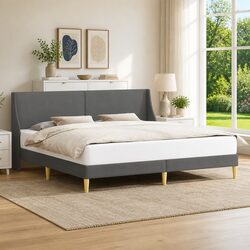 Dark Grey Bed Frame with Fabric Headboard Plywood Base Slatted Support