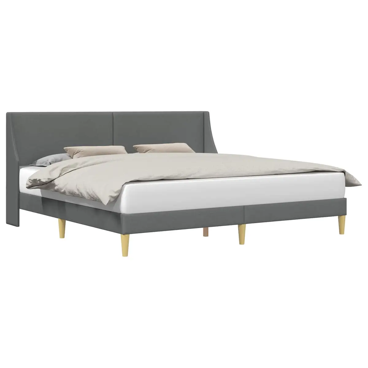 Bed Frame Dark Grey Plywood Fabric Headboard Fixed Slatted Base