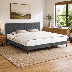 Sleek Grey Velvet Bed Frame with Headboard, 180 x 200 cm
