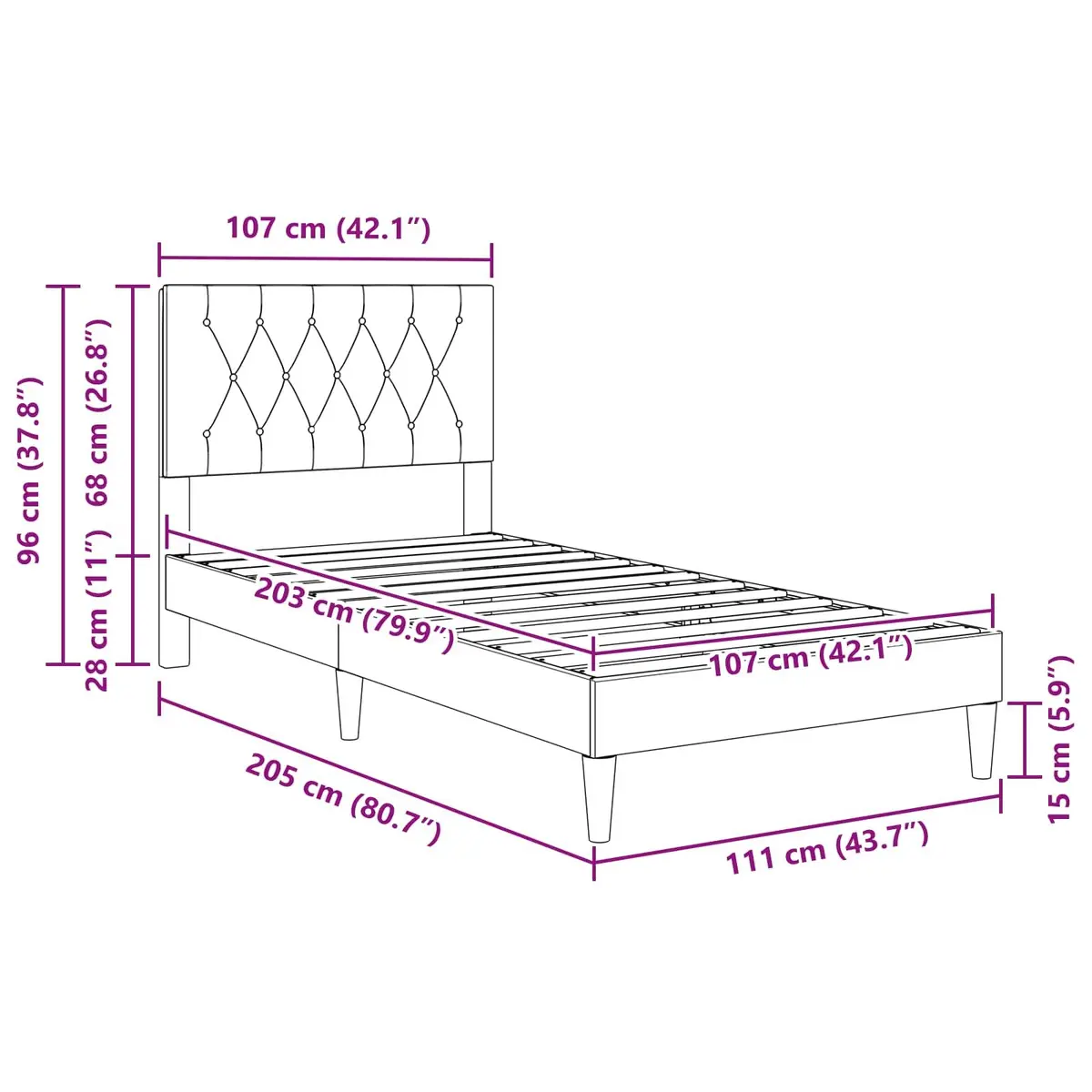 Bed Frame Dark Grey 107 x 203 cm Velvet Headboard Plywood Construction