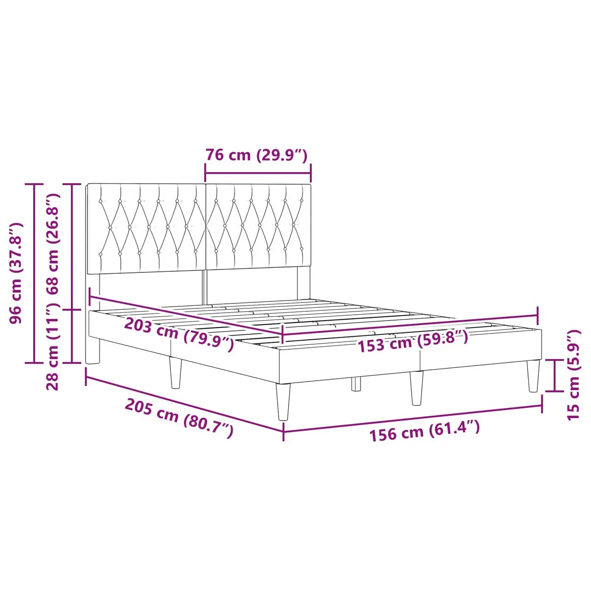 Bed Frame Dark Grey 153 x 203 cm Velvet Headboard Slatted Support