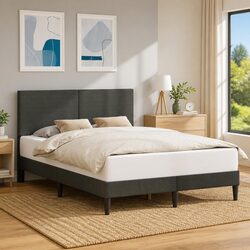 Concise Dark Grey Bed Frame with Corduroy Headboard