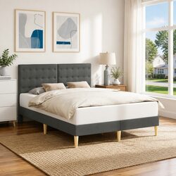 Compact Dark Grey Bed Frame with Fabric Headboard