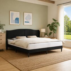 Concise Modern Black Bed Frame with Faux Leather Headboard