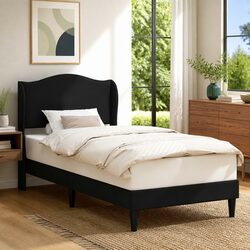 Concise Black Faux Leather Bed Frame with Headboard