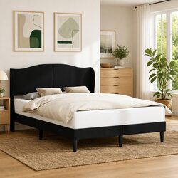 Concise Black Bed Frame with Modern Faux Leather Headboard