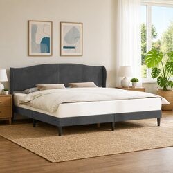 Compact Dark Grey Bed Frame with Velvet Headboard