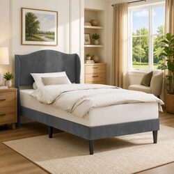 Stylish and Modern Dark Grey Bed Frame with Velvet Headboard