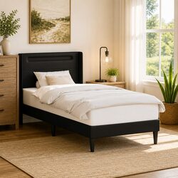 Black Bed Frame with Integrated LED Strip Lights Modern Faux Leather Design