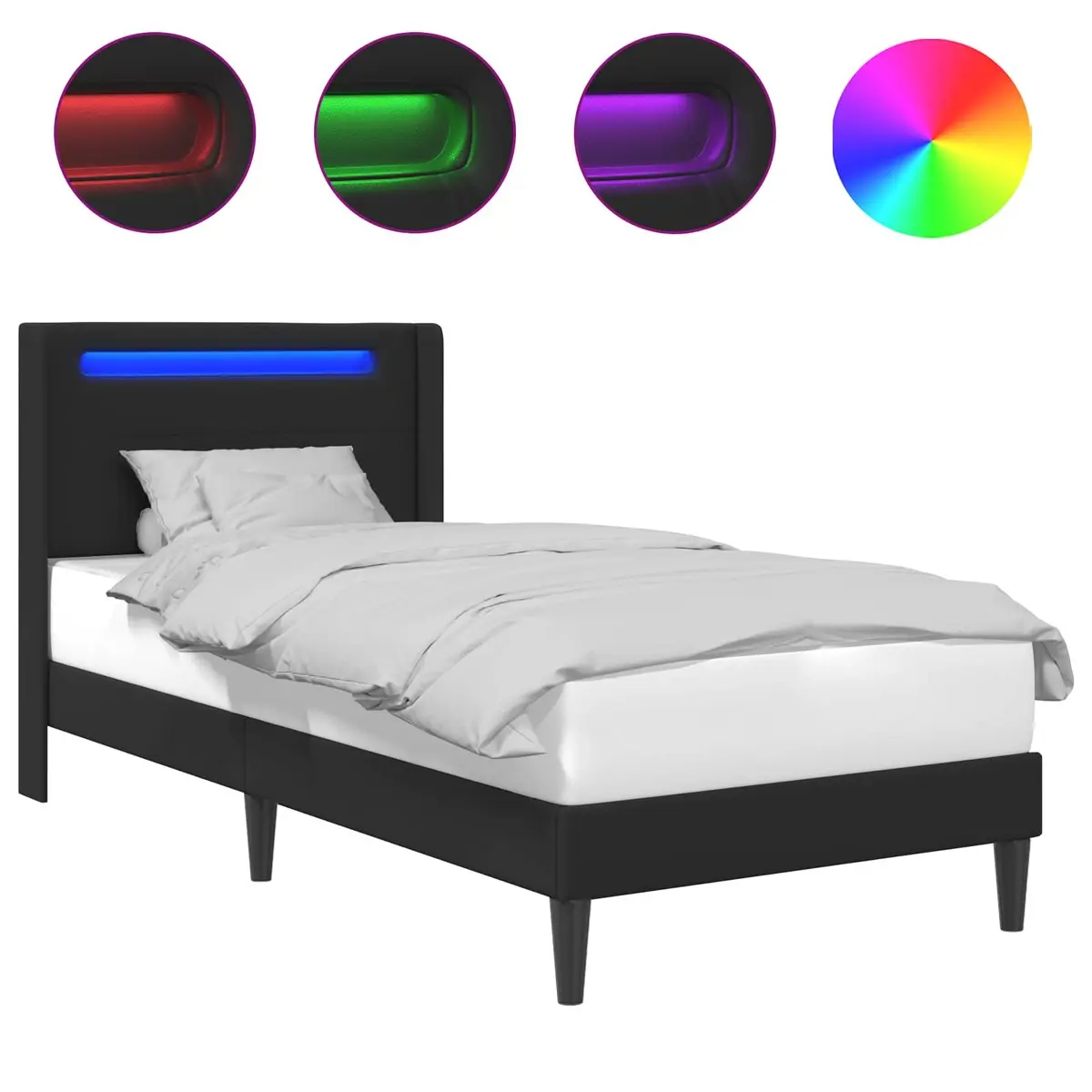 Black Bed Frame with Integrated LED Strip Lights Modern Faux Leather Design