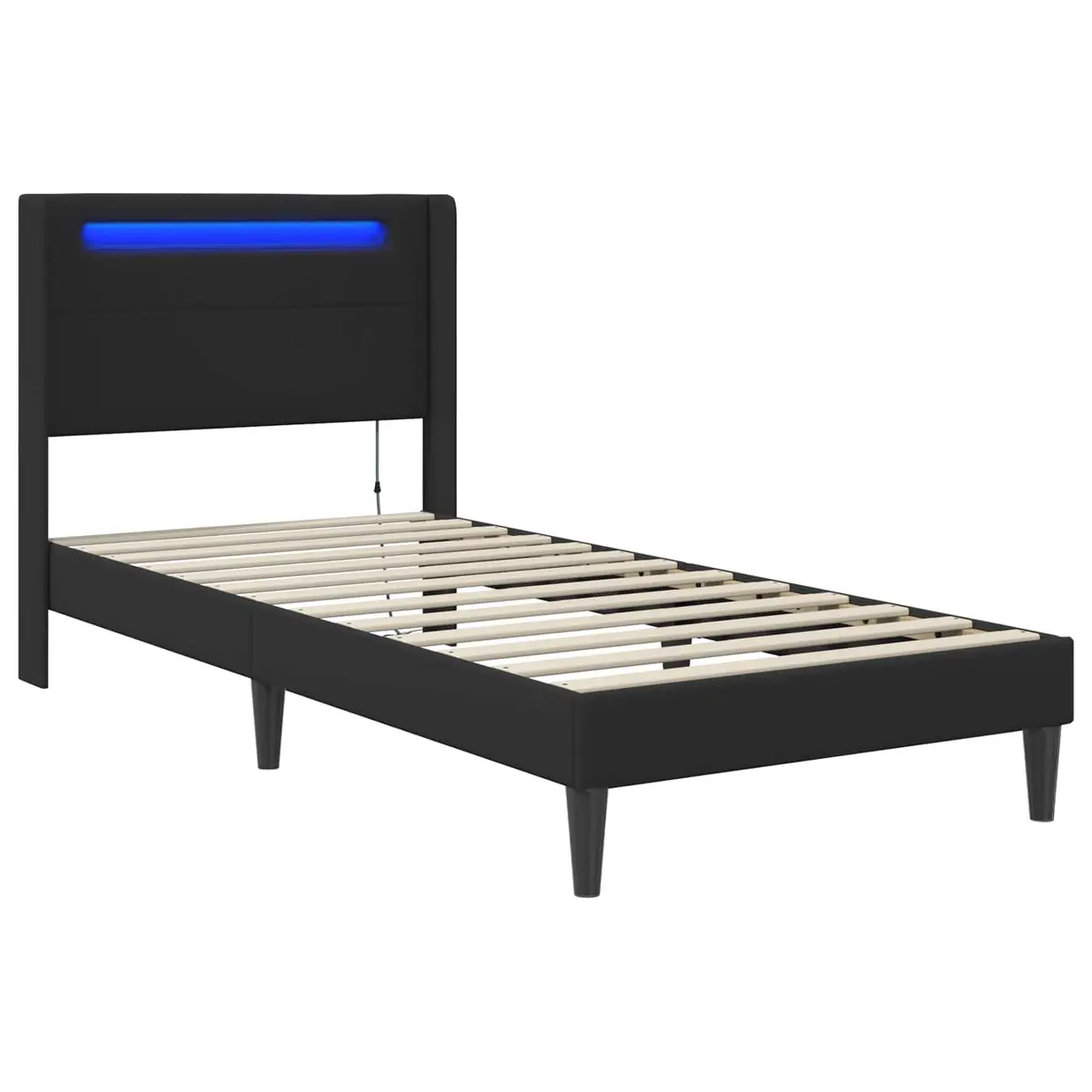 Black Bed Frame with Integrated LED Strip Lights Modern Faux Leather Design