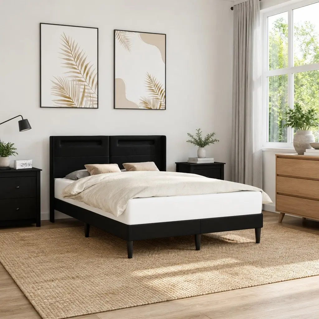 Black Bed Frame with LED Lights, Durable Faux Leather, 153 x 203 cm