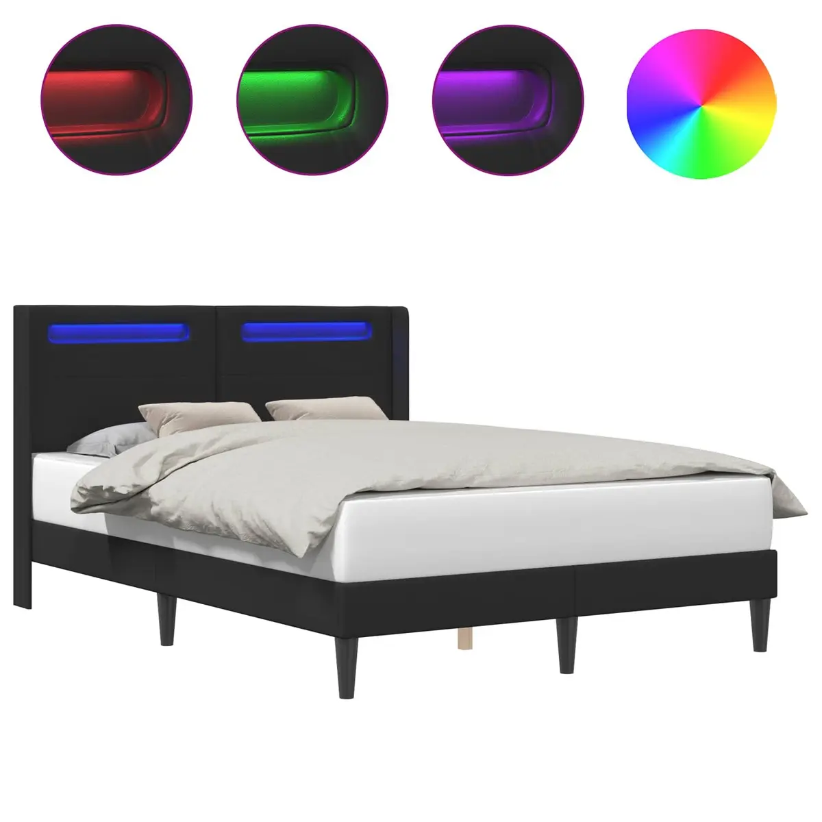 Black Bed Frame with LED Lights, Durable Faux Leather, 153 x 203 cm