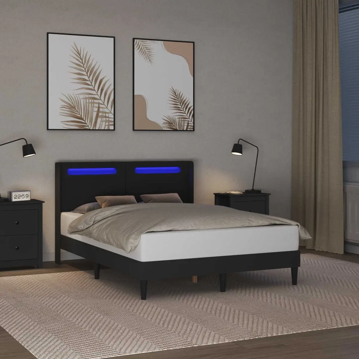 Black Bed Frame with LED Lights, Durable Faux Leather, 153 x 203 cm
