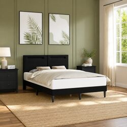 Black Bed Frame with LED Strip Lights USB Powered Modern Bedroom Faux Leather