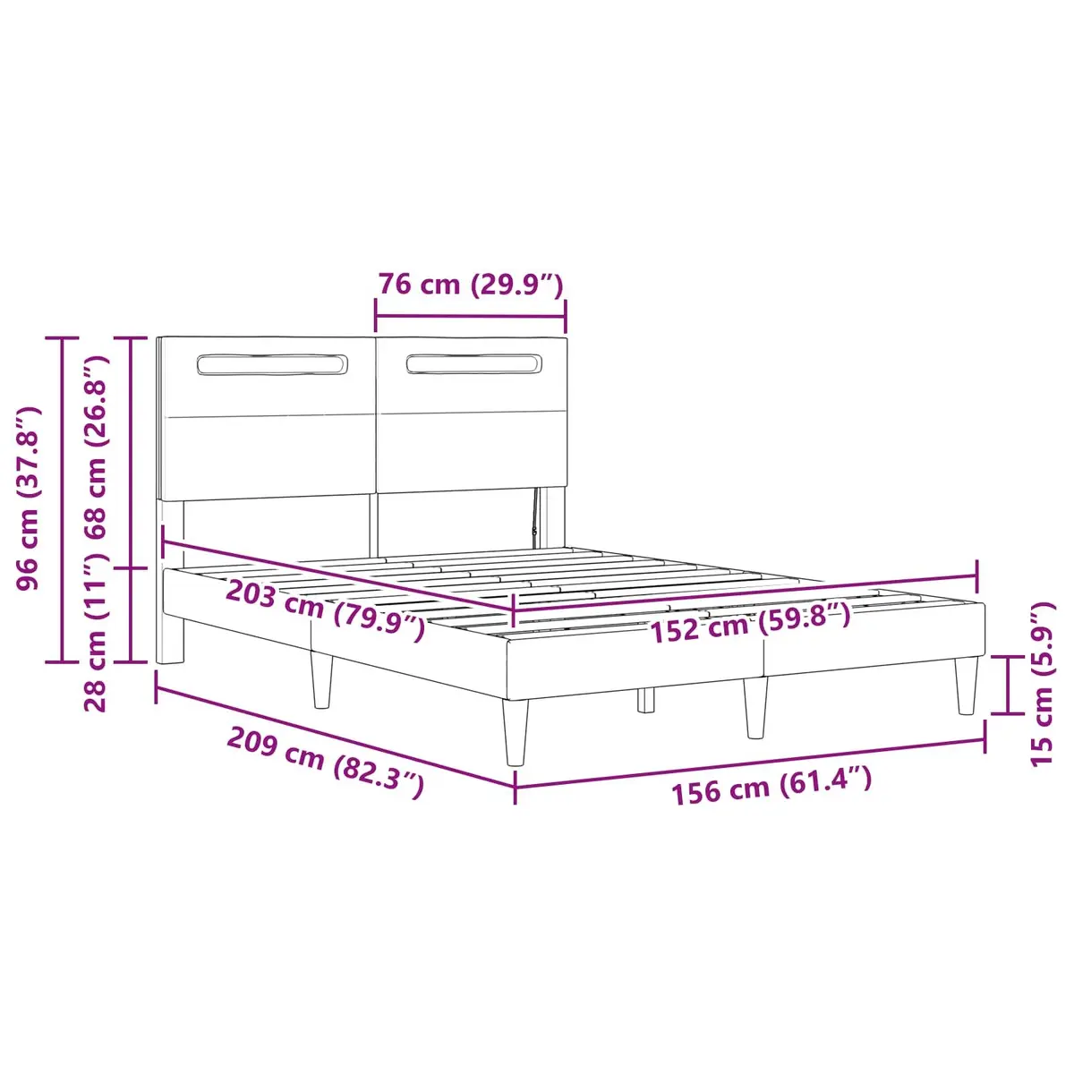 Bed Frame Black 153 x 203 cm Faux Leather Integrated LED Strip Lights USB Powered Modern
