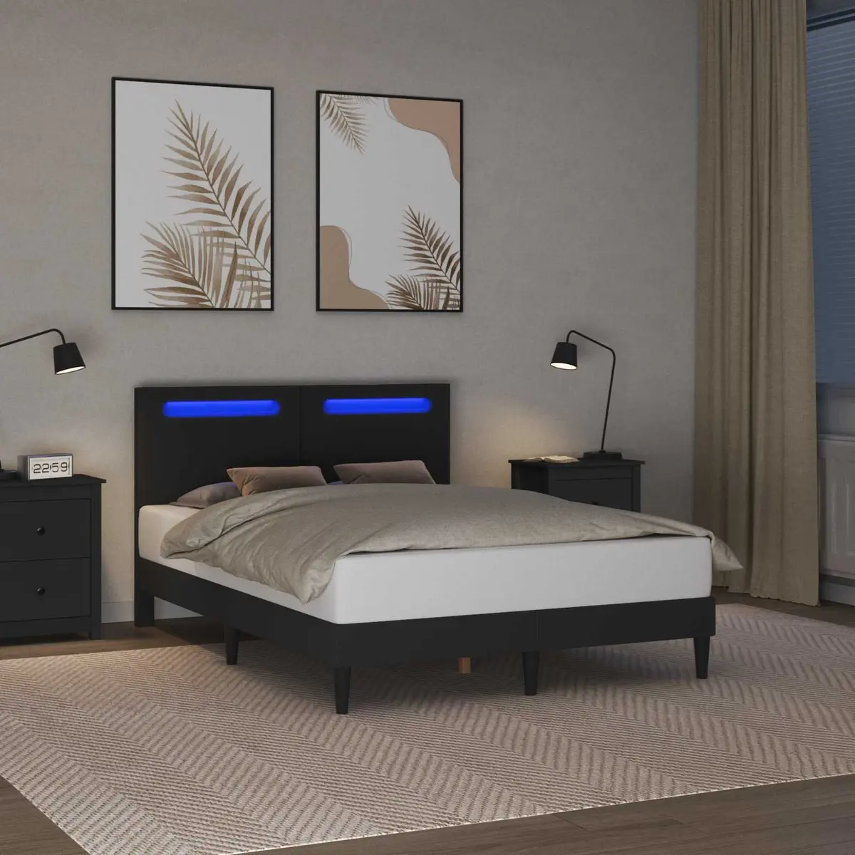 Bed Frame Black 153 x 203 cm Faux Leather Integrated LED Strip Lights USB Powered Modern