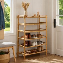 6-Tier Bamboo Shoe Rack Shelf Storage Organiser Natural Brown Rectangular