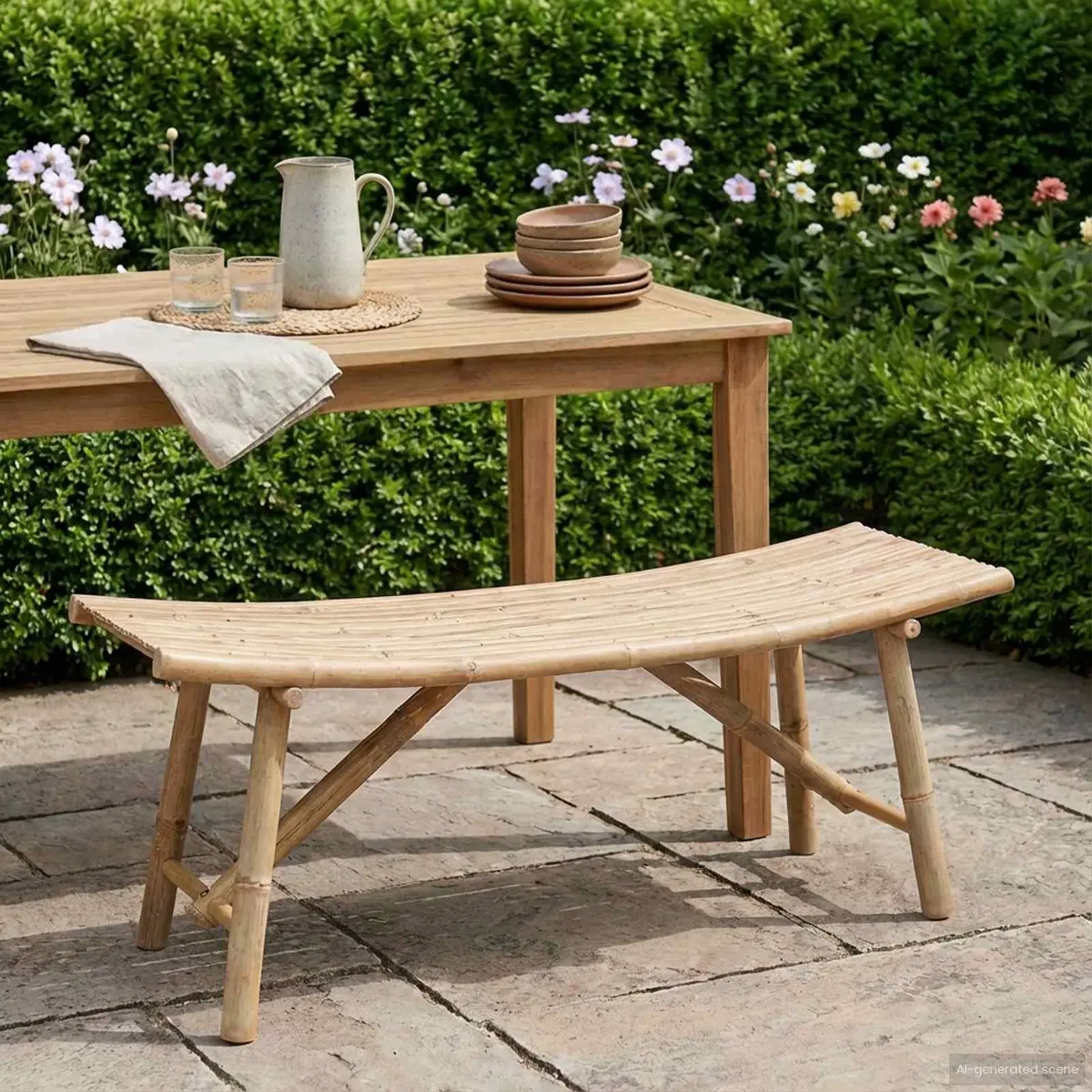Bamboo Garden Bench Outdoor Patio Seating Curved Modern Design Natural Brown