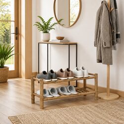 Compact Shoe Rack with Shelf in Natural Brown Finish