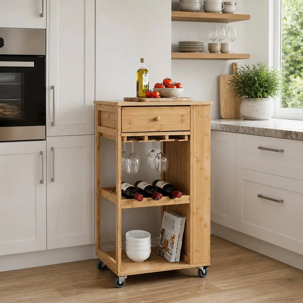 Kitchen Trolley Brown 3-Tier Storage with Wheels for Dining Room Serving