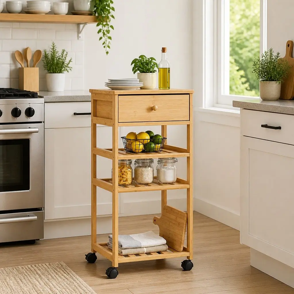 Bamboo Kitchen Trolley Brown 3 Tier Rolling Storage Cart