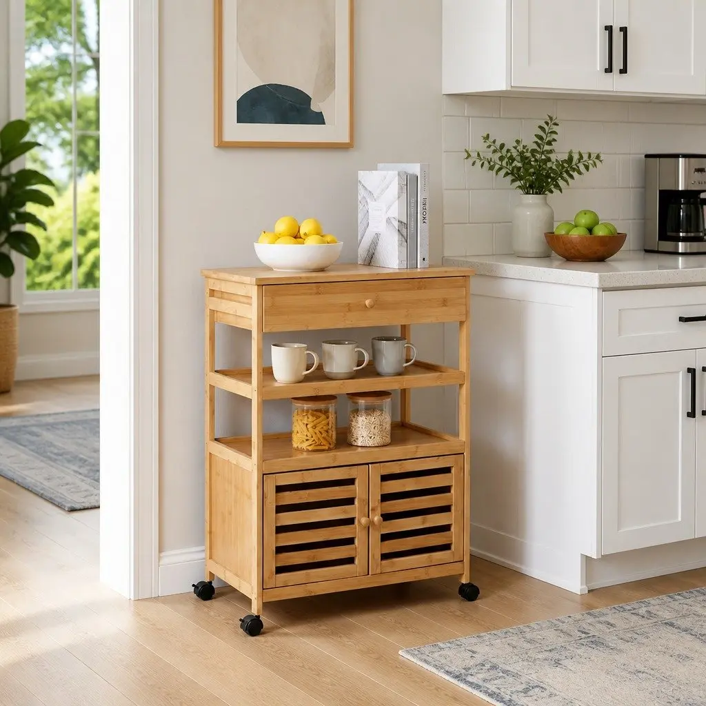 Kitchen Trolley Brown Bamboo Storage Cart with Wheels 360° Mobility