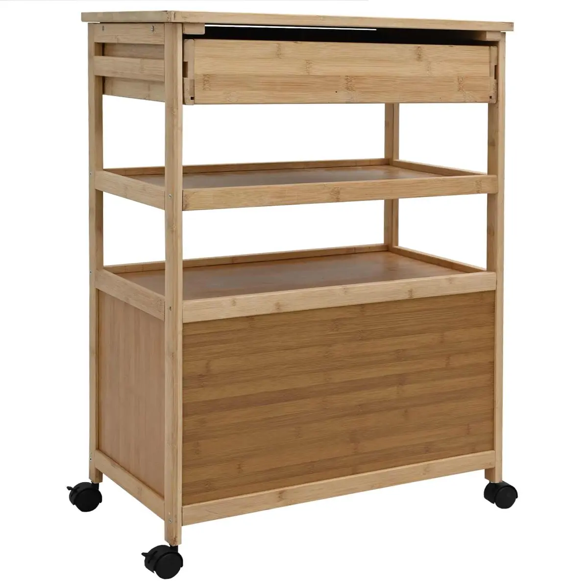 Kitchen Trolley Brown Bamboo Storage Cart with Wheels 360° Mobility