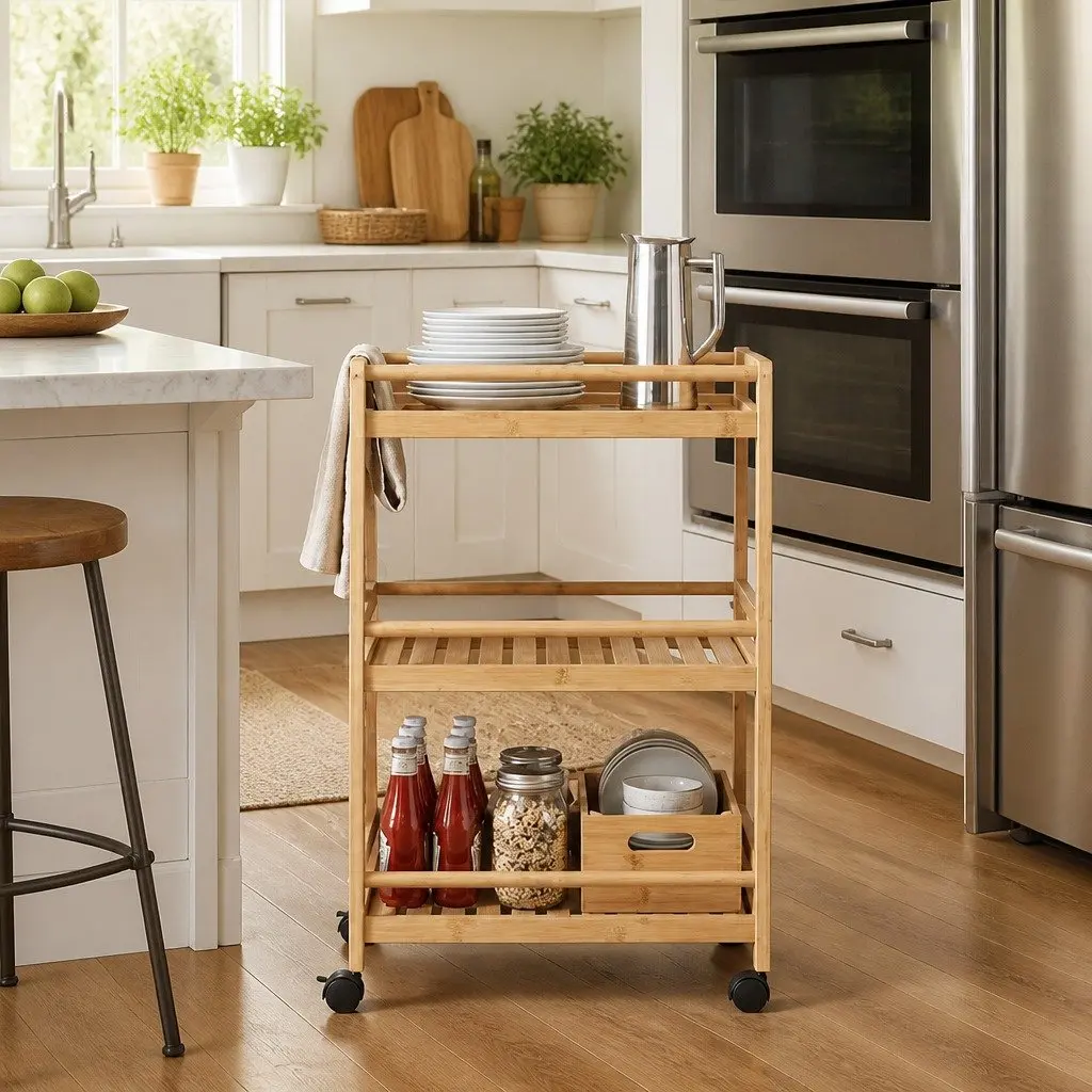 Kitchen Trolley Brown 46x38x76cm Three Tier Storage Bamboo
