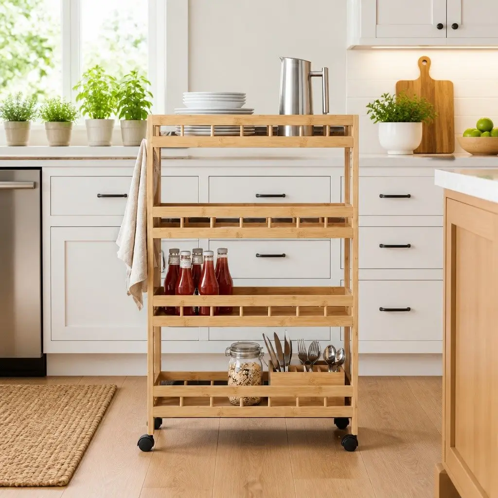 Kitchen Trolley Brown 60x18x97cm 4-Tier Storage Organiser with Wheels