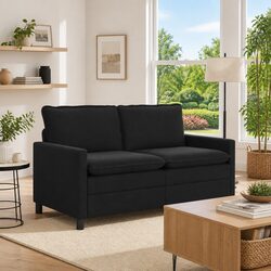 Black Velvet Sofa Modern Living Room Furniture Rectangular Couch Indoor Seating