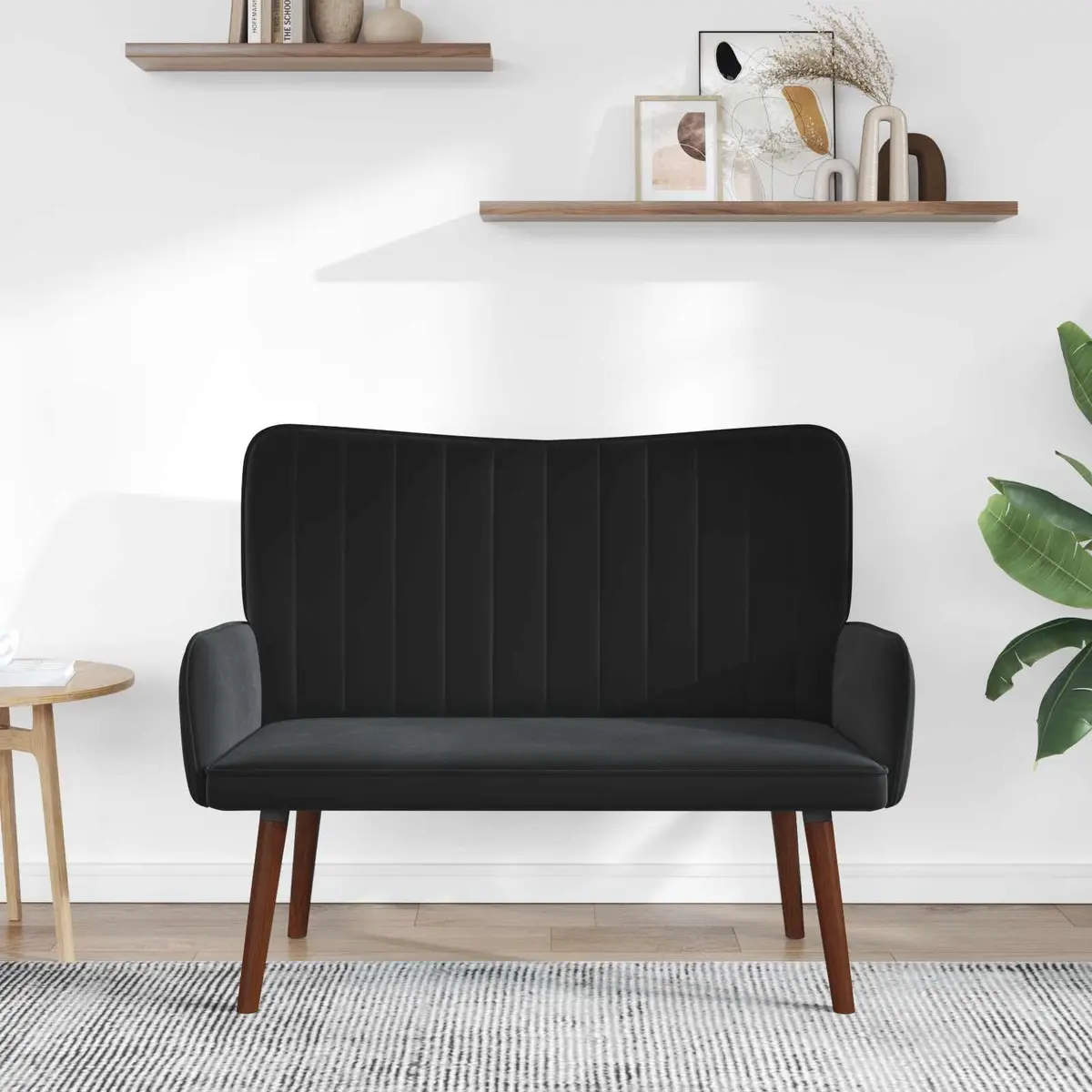 2-Seater Sofa Black Velvet Upholstery Living Room Furniture Compact Modern