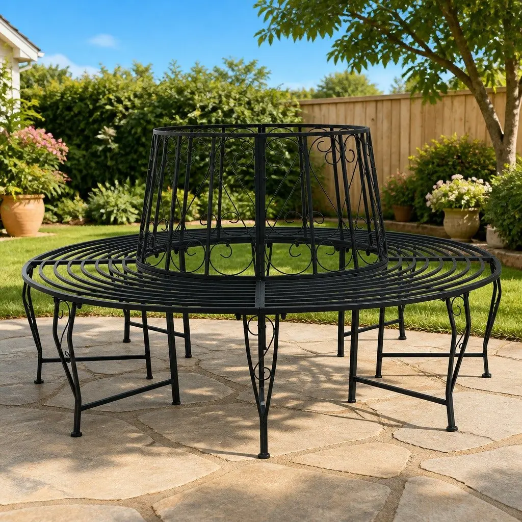 Tree Bench Black 160cm Steel Round Garden Seating Outdoor Furniture