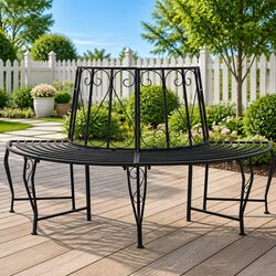 Outdoor Tree Bench 4-Seater Half-Round Garden Backyard Furniture Black Steel