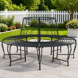 Round Tree Bench 8-Seater Garden Outdoor Seating Steel Frame Grey 160cm Diameter