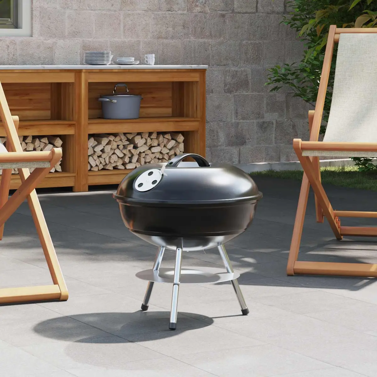 Charcoal Grill Black 36.5cm Compact Outdoor Cooking with Air Vent and Ash Basin