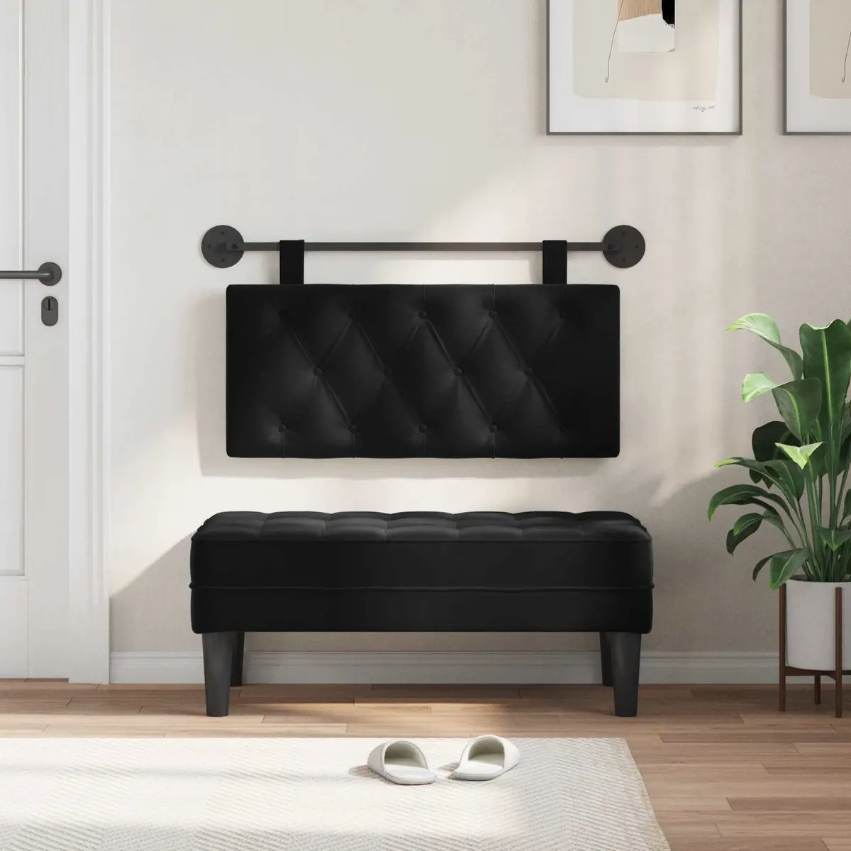 Hanging Headboard with LED Light Button Tufted Velvet Modern Bedroom Wall Mount