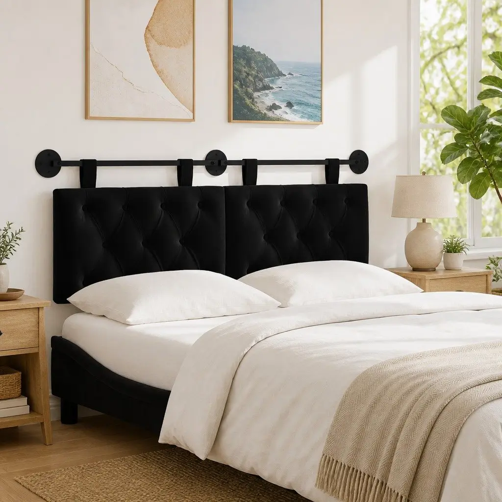 Hanging Headboard with LED Light Black Velvet Button Tufted Modern Wall Mount