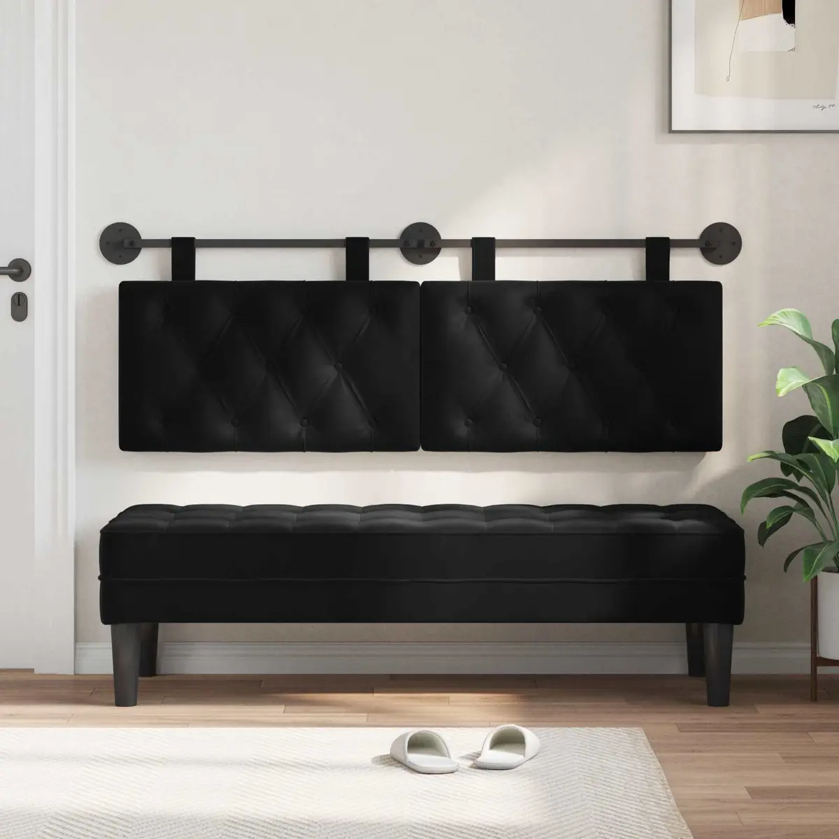 Hanging Headboard with LED Light Black Velvet Button Tufted Modern Wall Mount