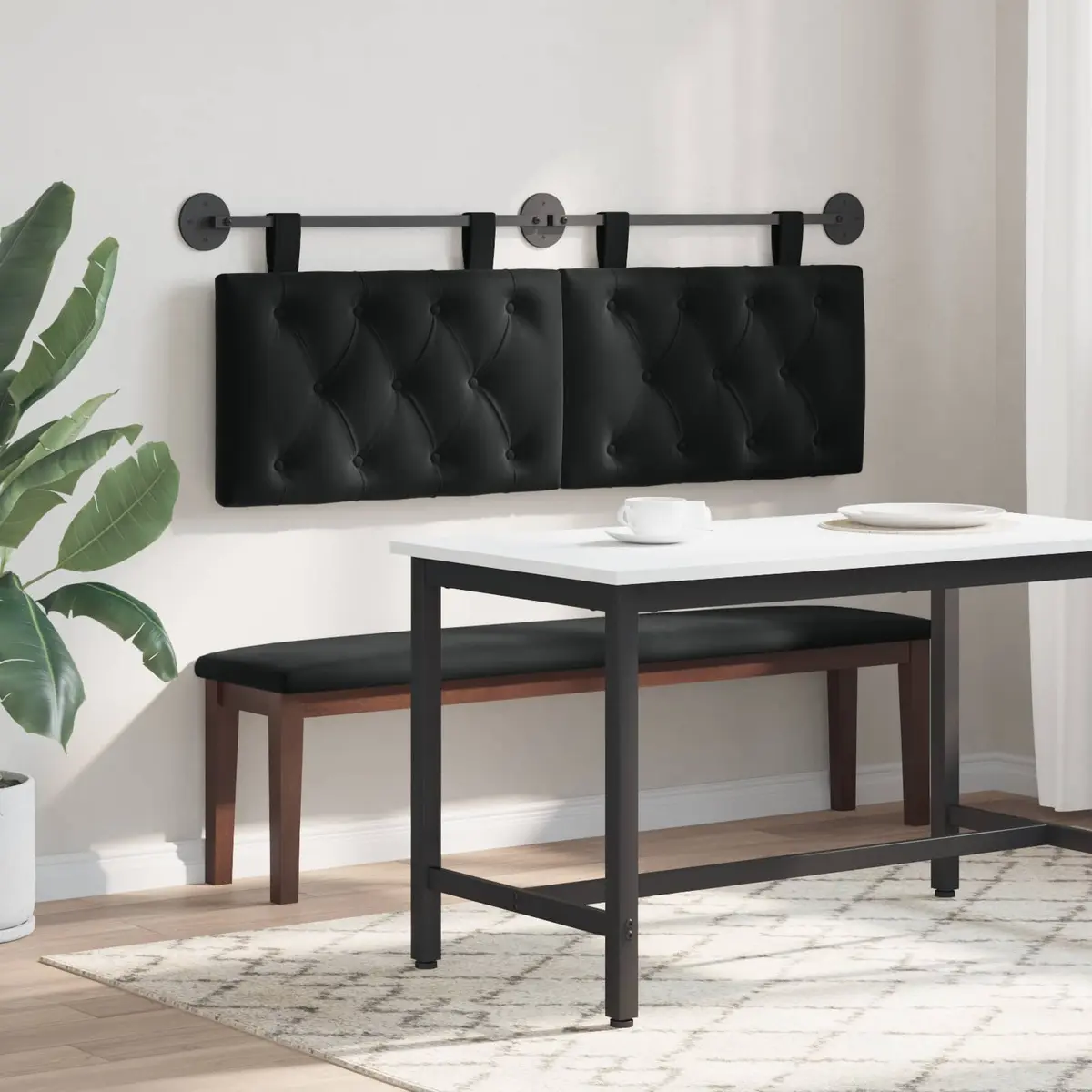 Hanging Headboard with LED Light Black Velvet Button Tufted Modern Wall Mount
