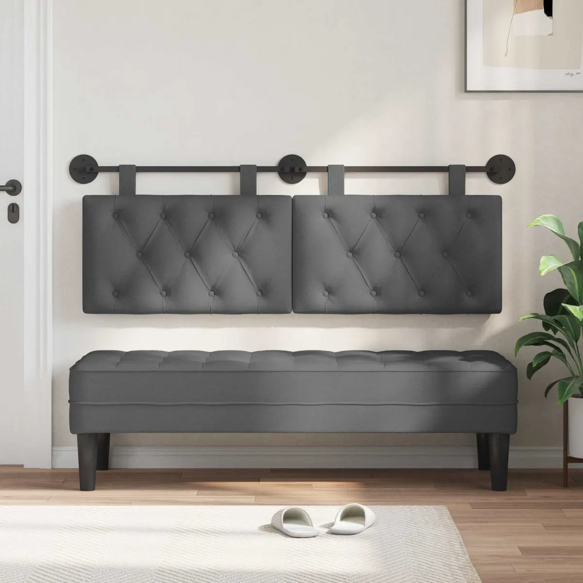 Hanging Headboard Wall-Mounted Bedroom Living Room Dark Grey Fabric Button