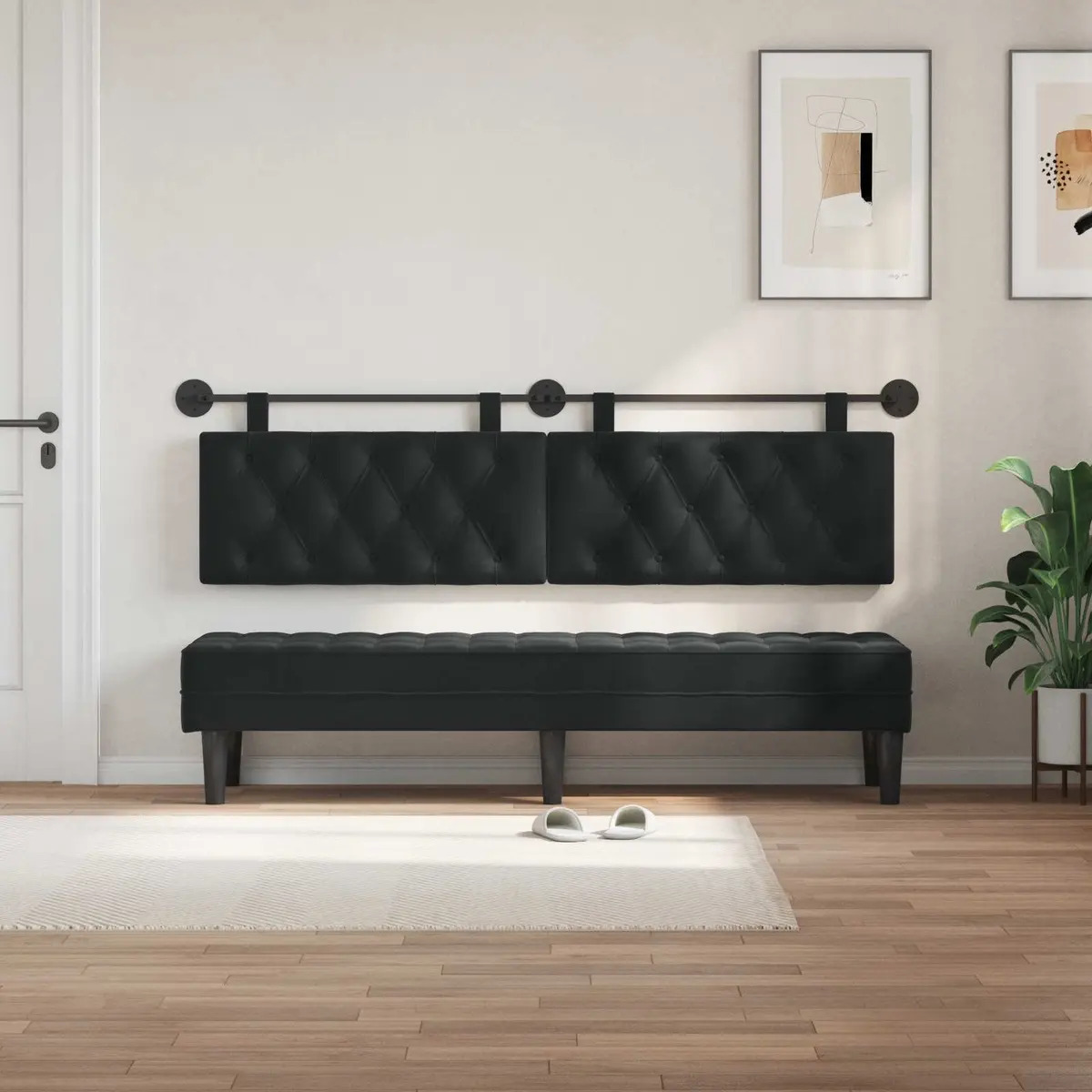 Hanging Headboard with LED Light Modern Black Velvet Button Tufted Wall Mount