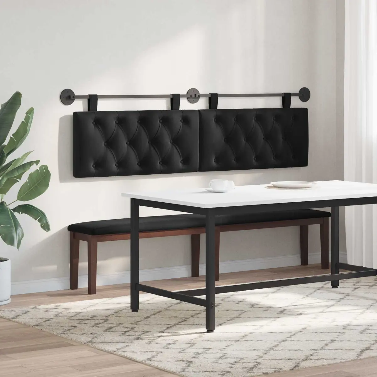 Hanging Headboard with LED Light Modern Black Velvet Button Tufted Wall Mount