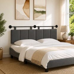 Hanging Headboard Wall Mounted Upholstered Bedroom Fabric Modern Grey Stripes