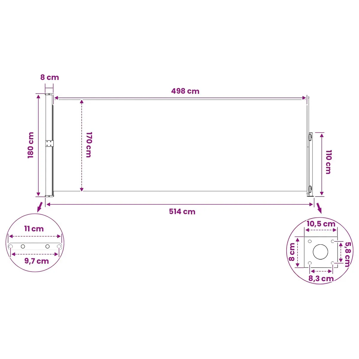 Retractable Side Awning Anthracite 180 x 500 cm Outdoor Garden Patio Shade Privacy Screen