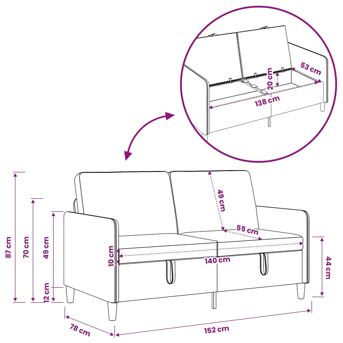 Sofa Black 152x78x87cm Lift-Up Storage Seat Polyester Furniture for Living Room