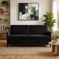 Compact Black Sofa with Lift-Up Storage Feature