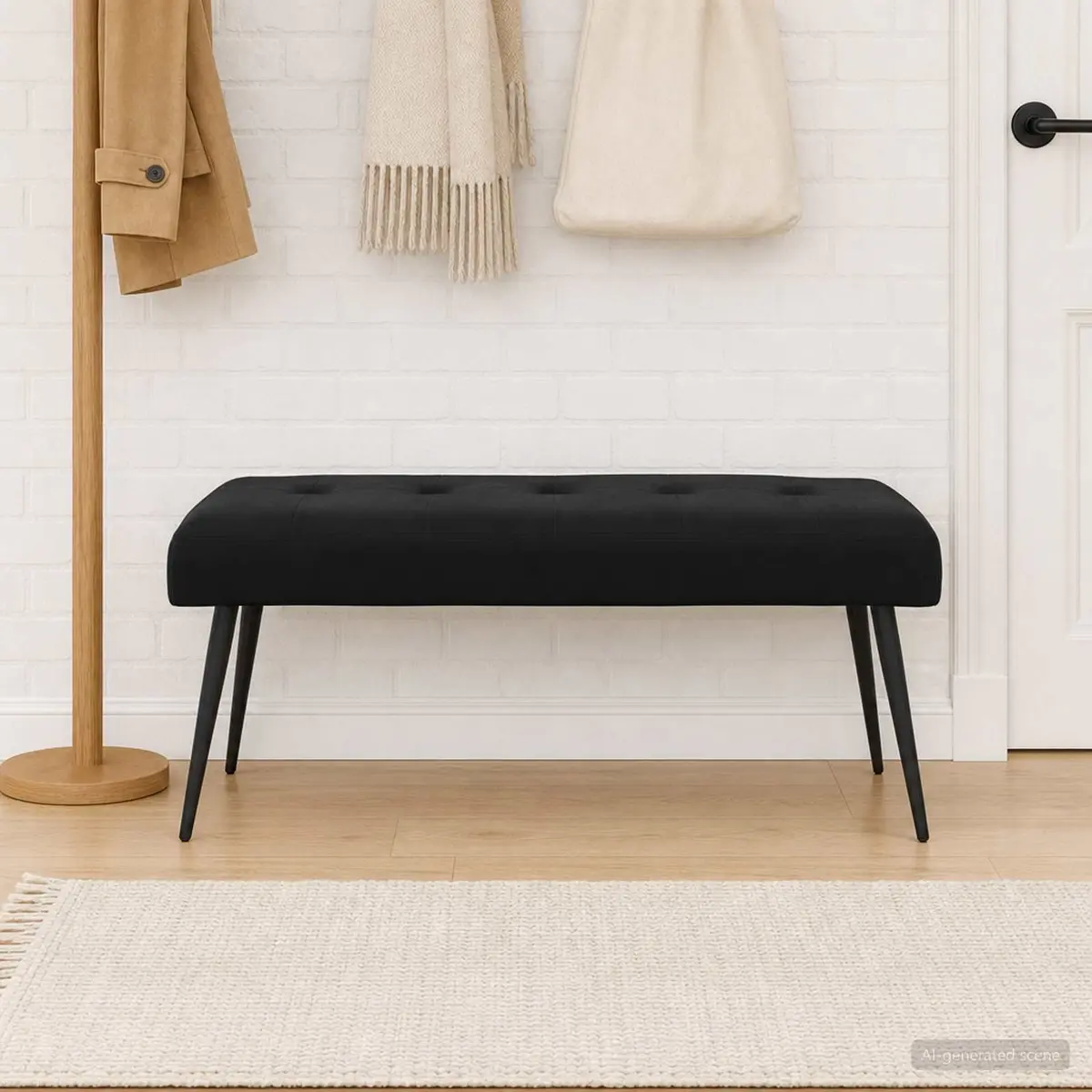 Button Tufted Bench Black Velvet Upholstered Indoor Furniture