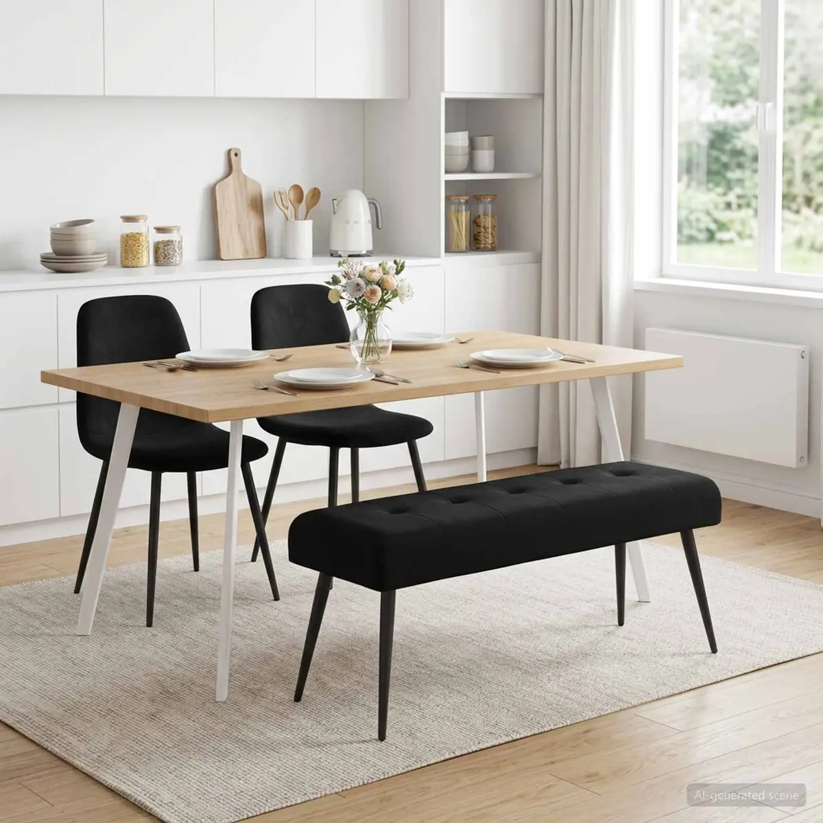 Button Tufted Bench Black Velvet Upholstered Indoor Furniture