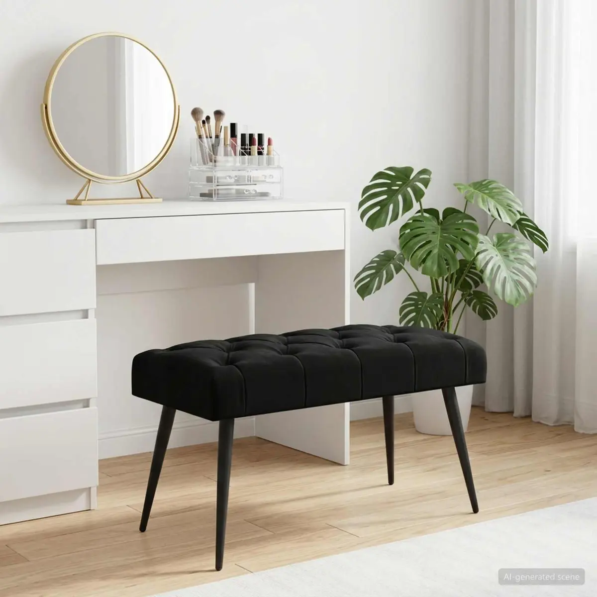 Bench Black Velvet Foam Cushion Button Tufted Engineered Wood Frame